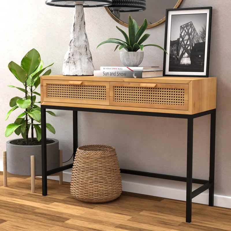 Rustic Natural Cane Console Table For Home