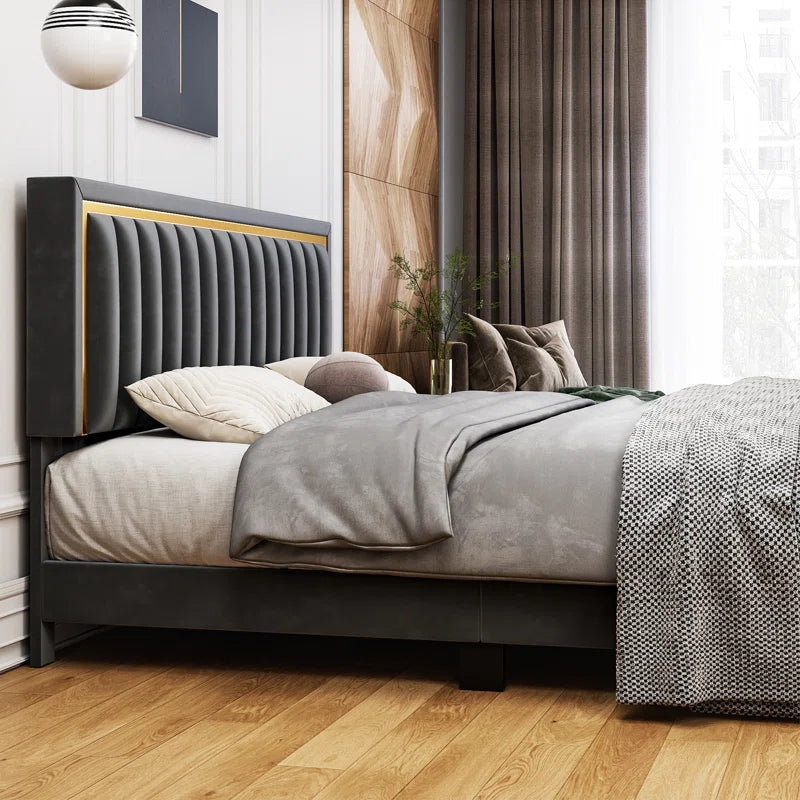 Luxurious Velvet Upholstered Bed With Golden Strip