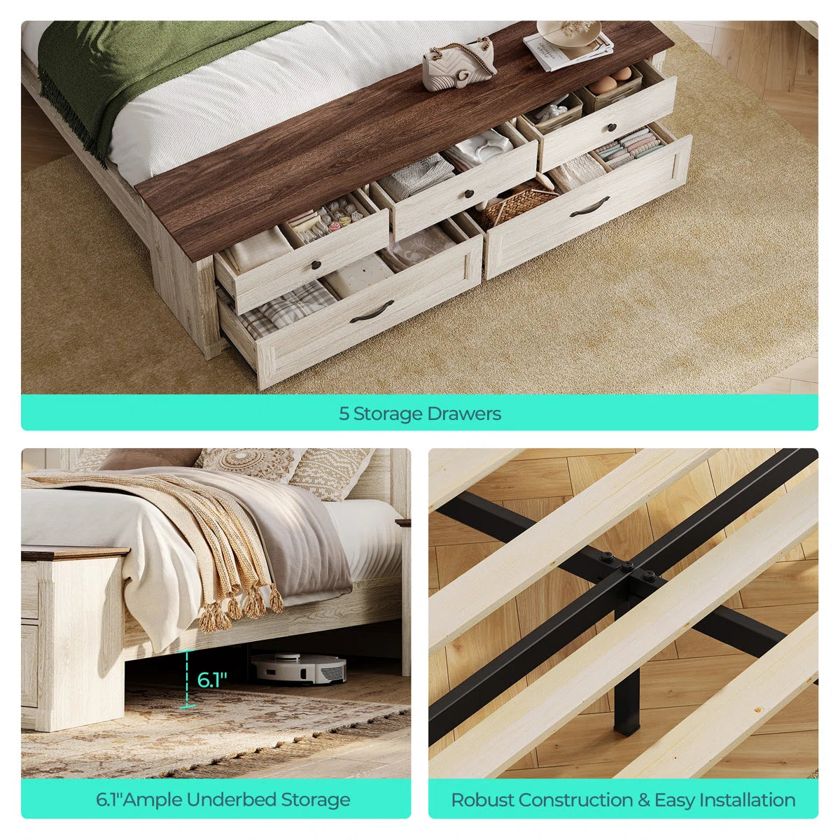 Furnishiaa Farmhouse Solid Sheesham Wood Queen Bed with Tall Headboard & Storage Bench with Drawers