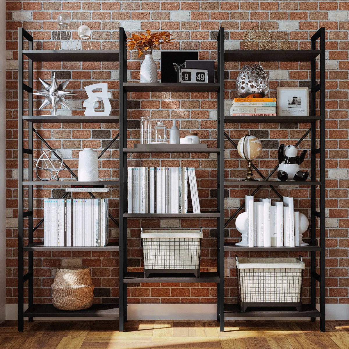 Furnishiaa Triple-Wide Industrial Bookcase with Solid Sheesham Wood Shelves