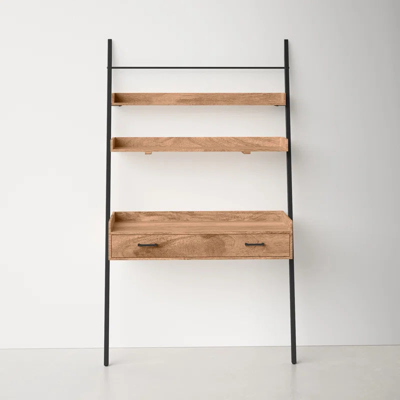 Furnishiaa Solid Sheesham Wood Ladder Desk with Drawer & Shelves – Light Industrial Style