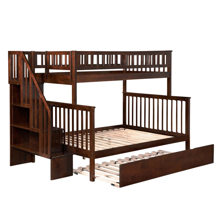 Furnishiaa Solid Sheesham Wood Bunk Bed with Pull-Out Trundle, Hidden Bookcase, and USB Charger