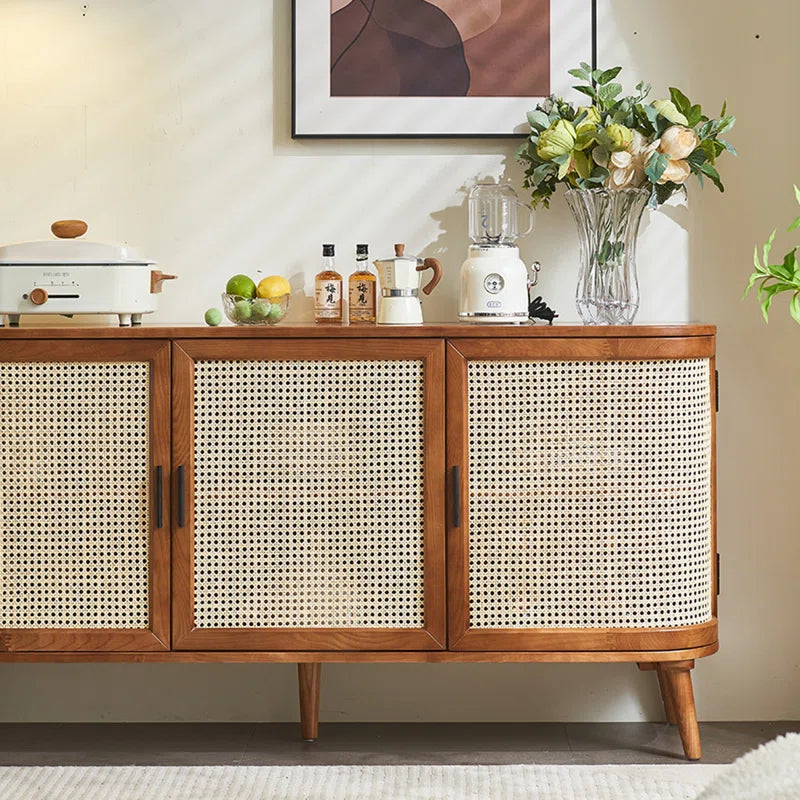 Furnishiaa Solid Sheesham Wood & Rattan Storage Cabinet with Double-Layer Shelves