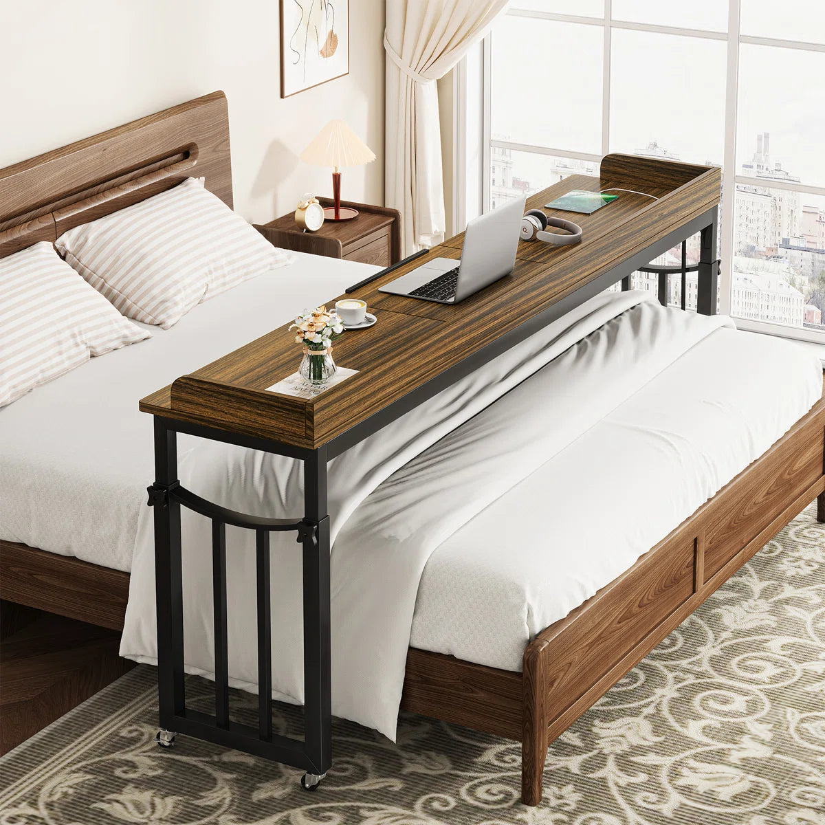 Furnishiaa Sheesham Wood Overbed Standing Desk with Wheels and Power Outlet – 180 cm