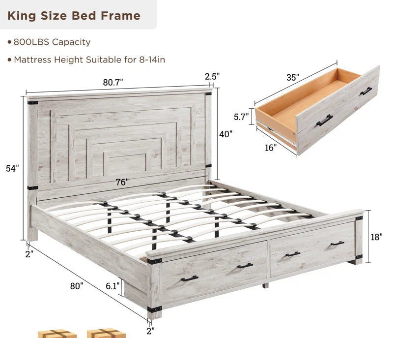 Furnishiaa Farmhouse Solid Sheesham Wood Bed with 54” Tall Geometric Headboard & Storage Drawers – Queen & King Size