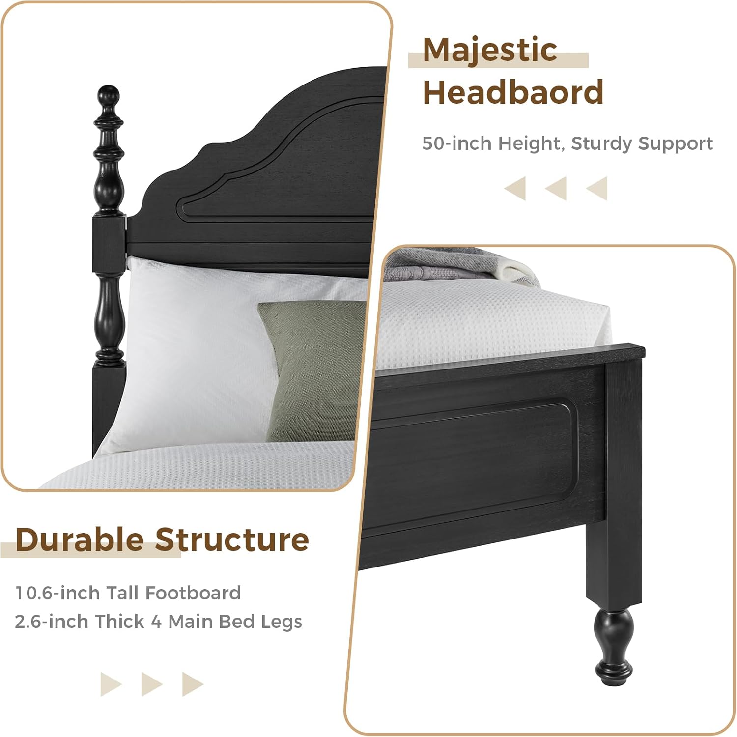 Wood Queen Bed Frame with Wooden Headboard and Footboard, Heavy Duty 12 Solid Wood Slats Support, Rubber Wood Platform Bed Frame with large Under Bed Storage, No Box Spring Needed, Rustic Black