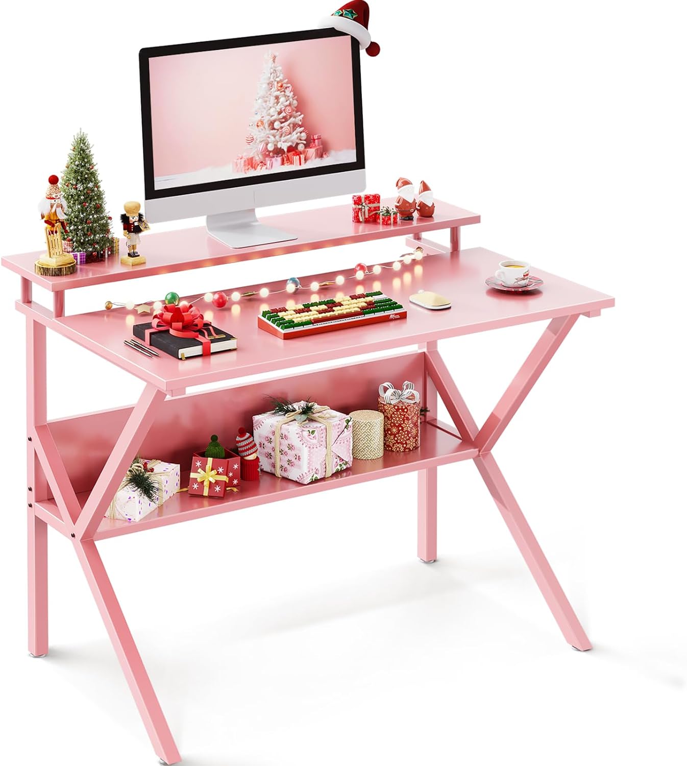 ODK Small Desk, 27.5 Inch Small Computer Desk for Small Spaces, Compact Desk with Storage, Tiny Desk Study Desk with Monitor Stand for Home Office, Pink