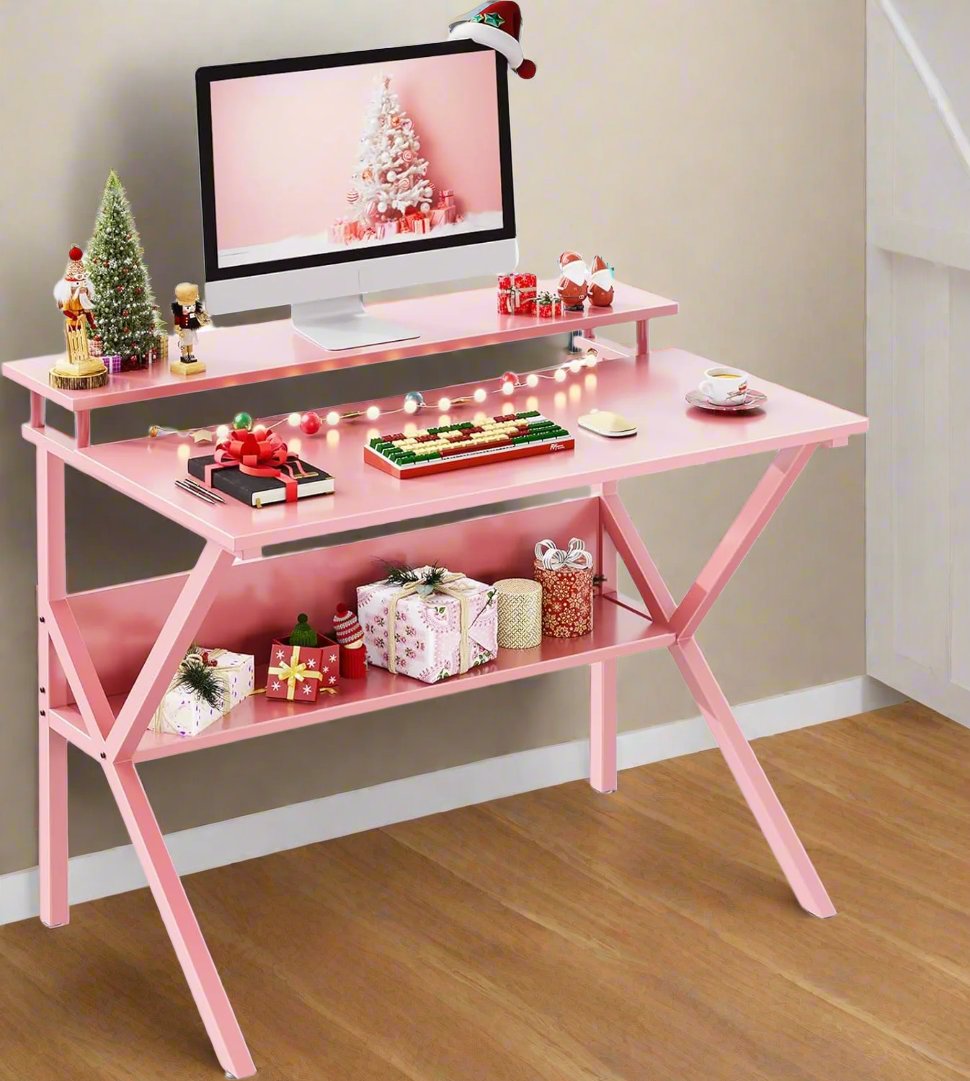 ODK Small Desk, 27.5 Inch Small Computer Desk for Small Spaces, Compact Desk with Storage, Tiny Desk Study Desk with Monitor Stand for Home Office, Pink