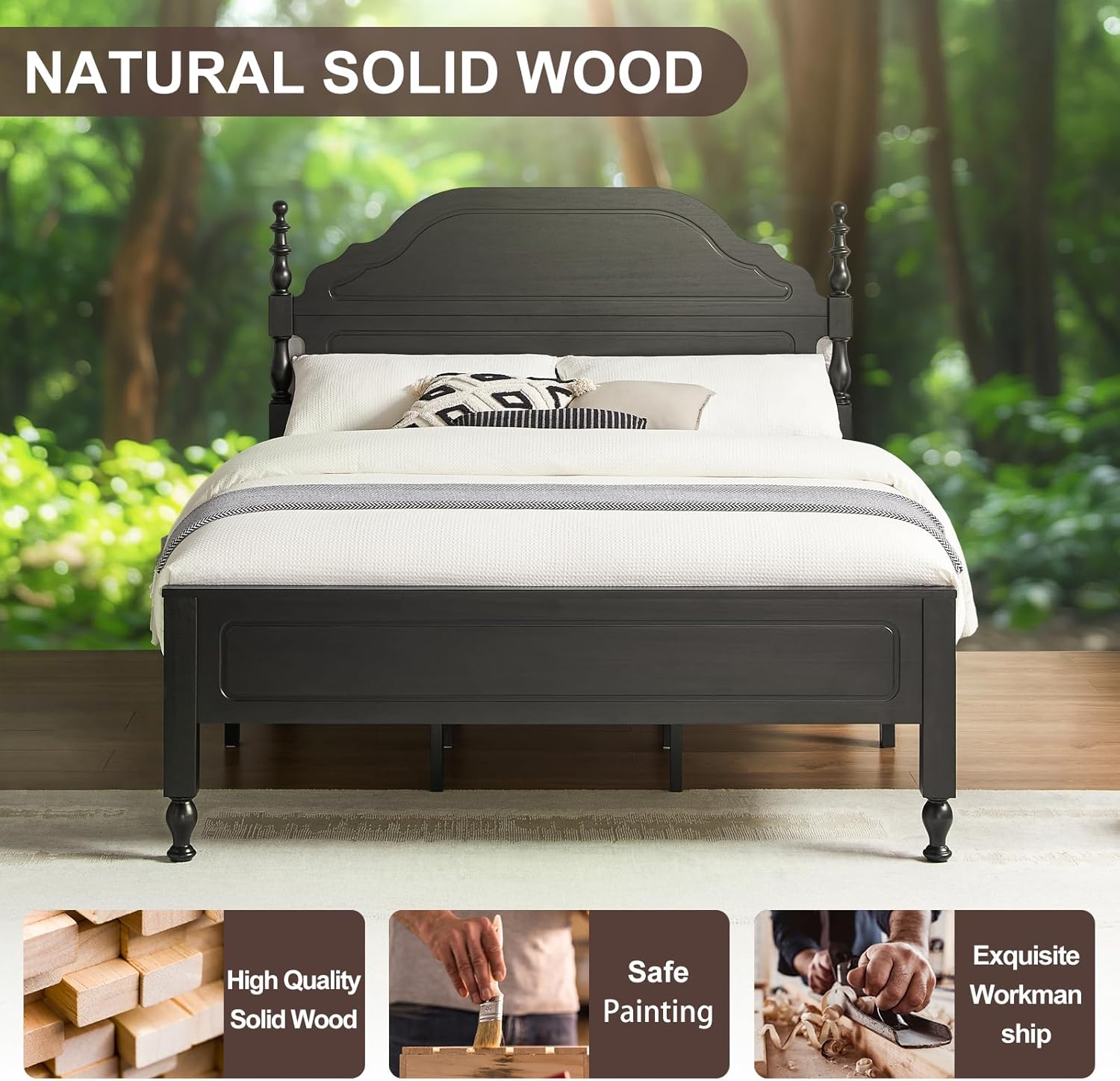 Wood Queen Bed Frame with Wooden Headboard and Footboard, Heavy Duty 12 Solid Wood Slats Support, Rubber Wood Platform Bed Frame with large Under Bed Storage, No Box Spring Needed, Rustic Black