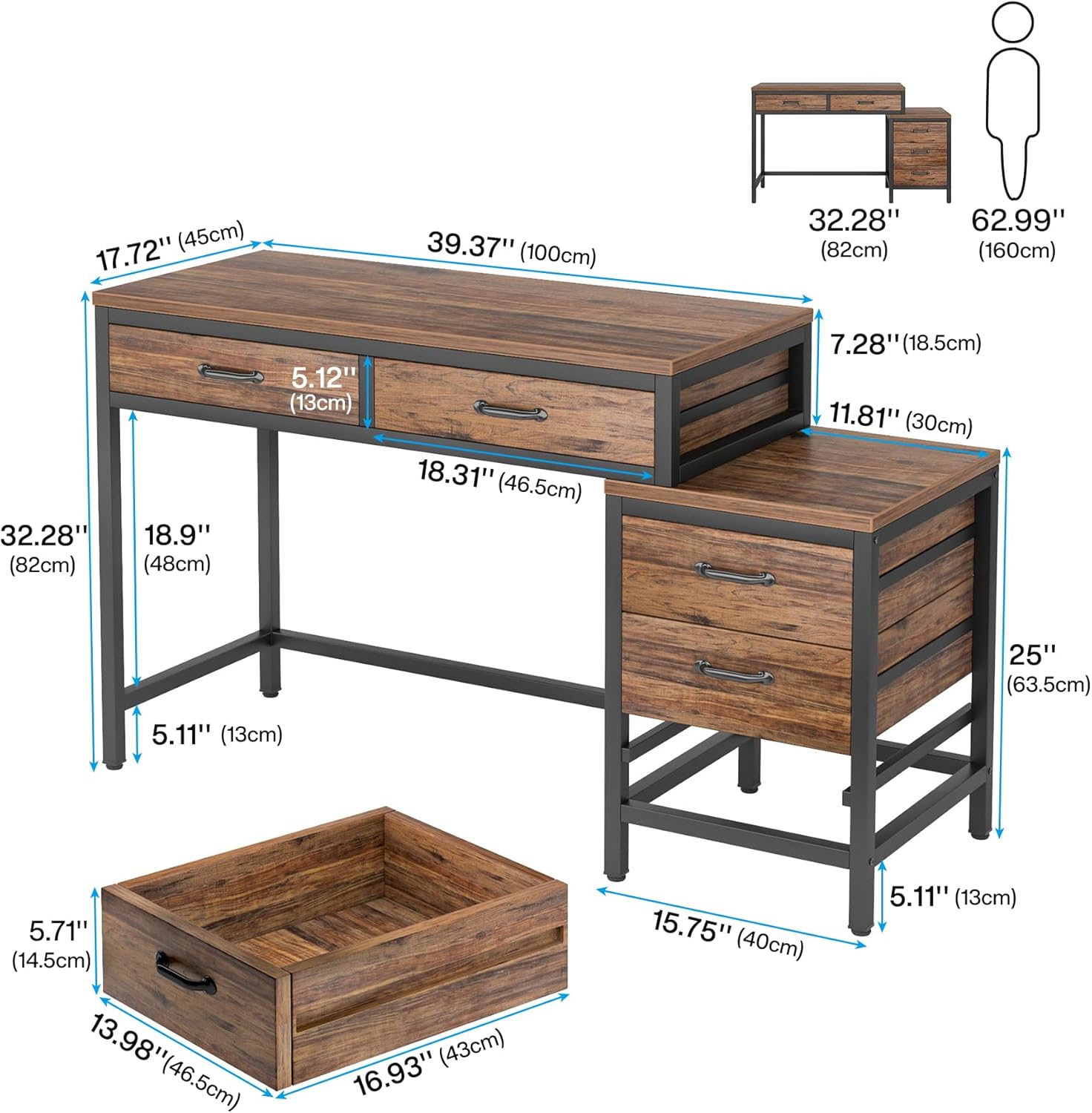 Tribesigns Computer Desk with 5 Drawers, Home Office Desks with Reversible Drawer Cabinet Printer Stand, Industrial PC Desk with Storage, Rustic Study Writing Table Workstation for Small Spaces
