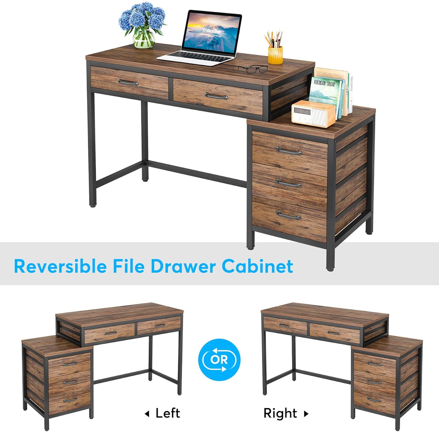 Tribesigns Computer Desk with 5 Drawers, Home Office Desks with Reversible Drawer Cabinet Printer Stand, Industrial PC Desk with Storage, Rustic Study Writing Table Workstation for Small Spaces