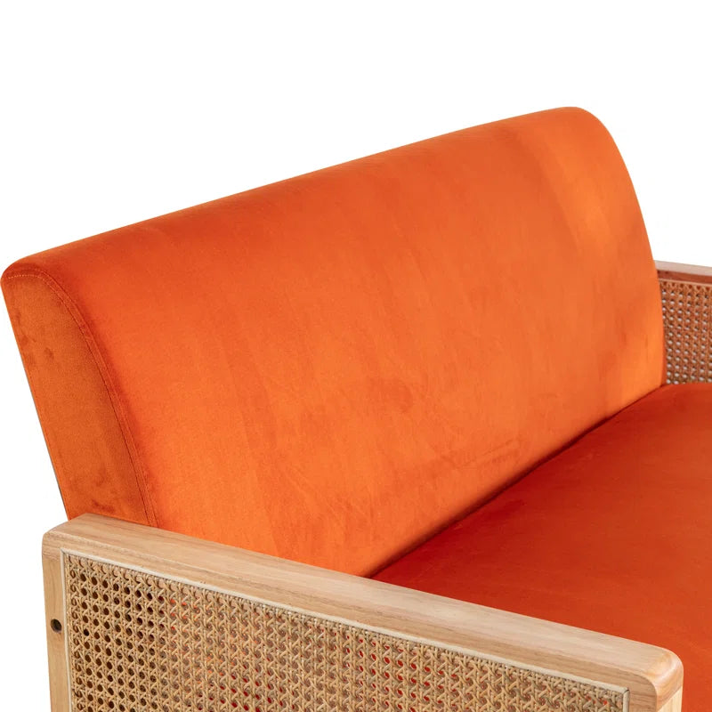 Solid Wood Upholstered Natural Cane 2 Seater Orange Sofa