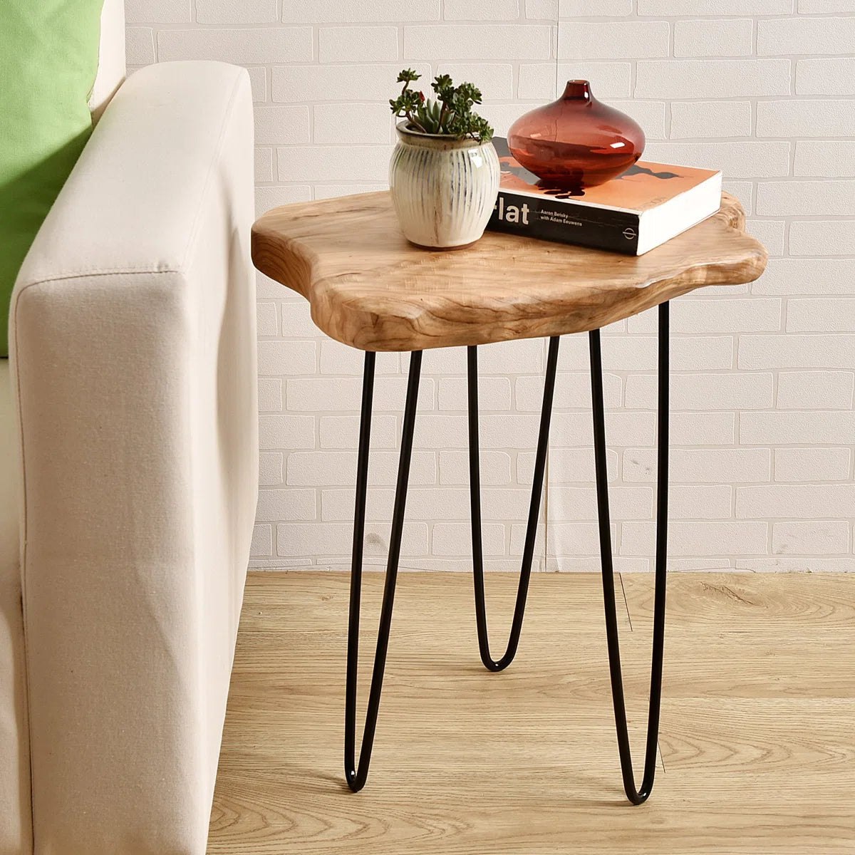 Furnishiaa Solid Sheesham Wood Rustic End Table with Metal Stand – Handcrafted Natural Design