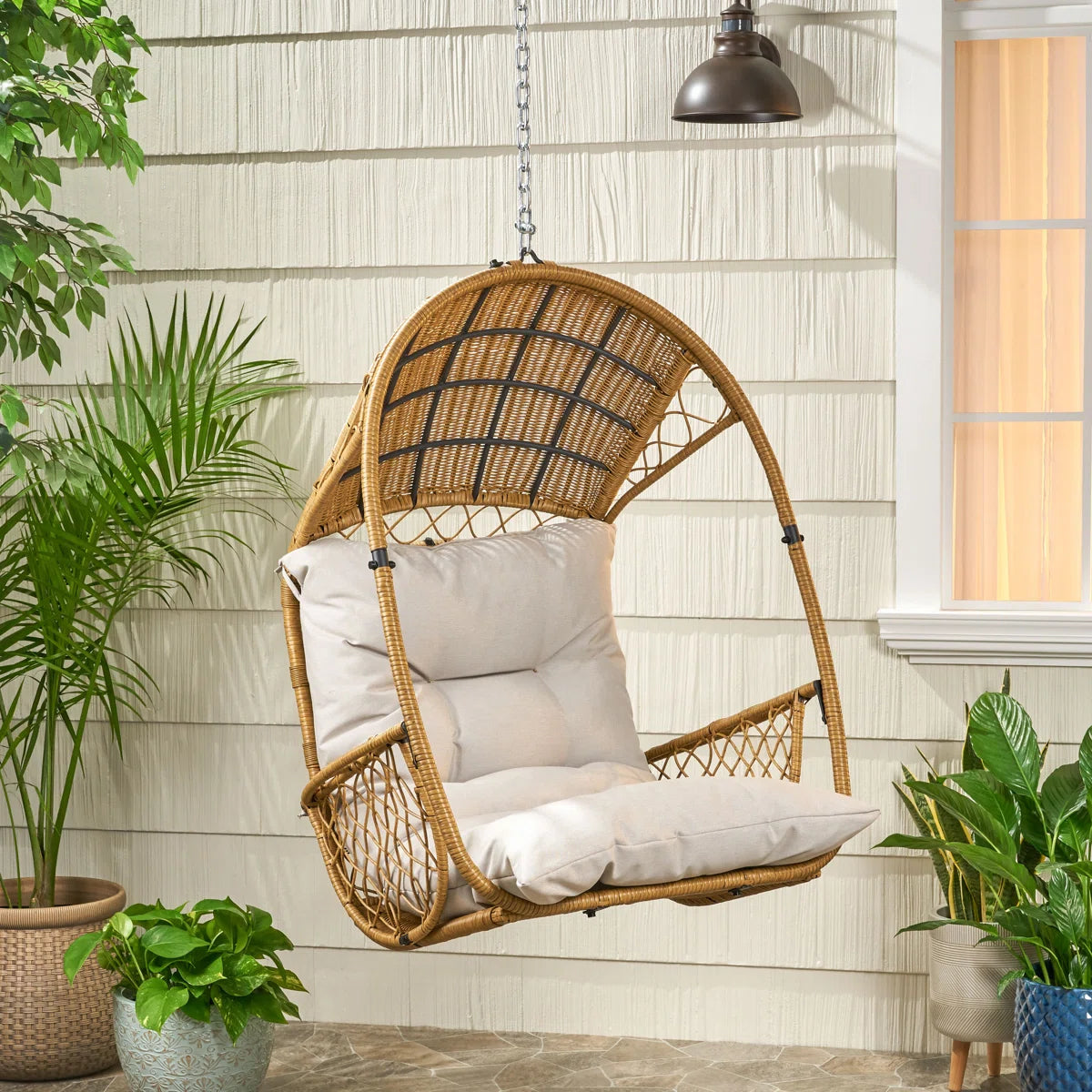 Furnishiaa Outdoor Hanging Basket Chair – Faux Rattan & Water-Resistant Cushions