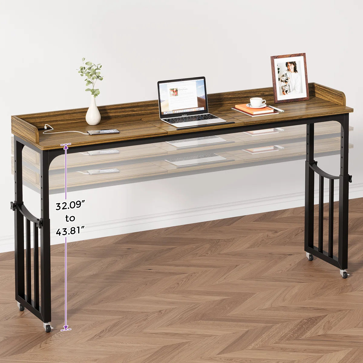 Furnishiaa Sheesham Wood Overbed Standing Desk with Wheels and Power Outlet – 180 cm