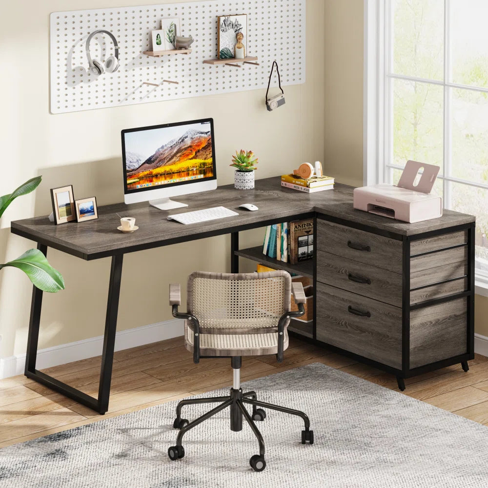 Furnishiaa L Shaped Office Desk in Sheesham Wood – Brown, Gray & White Colors