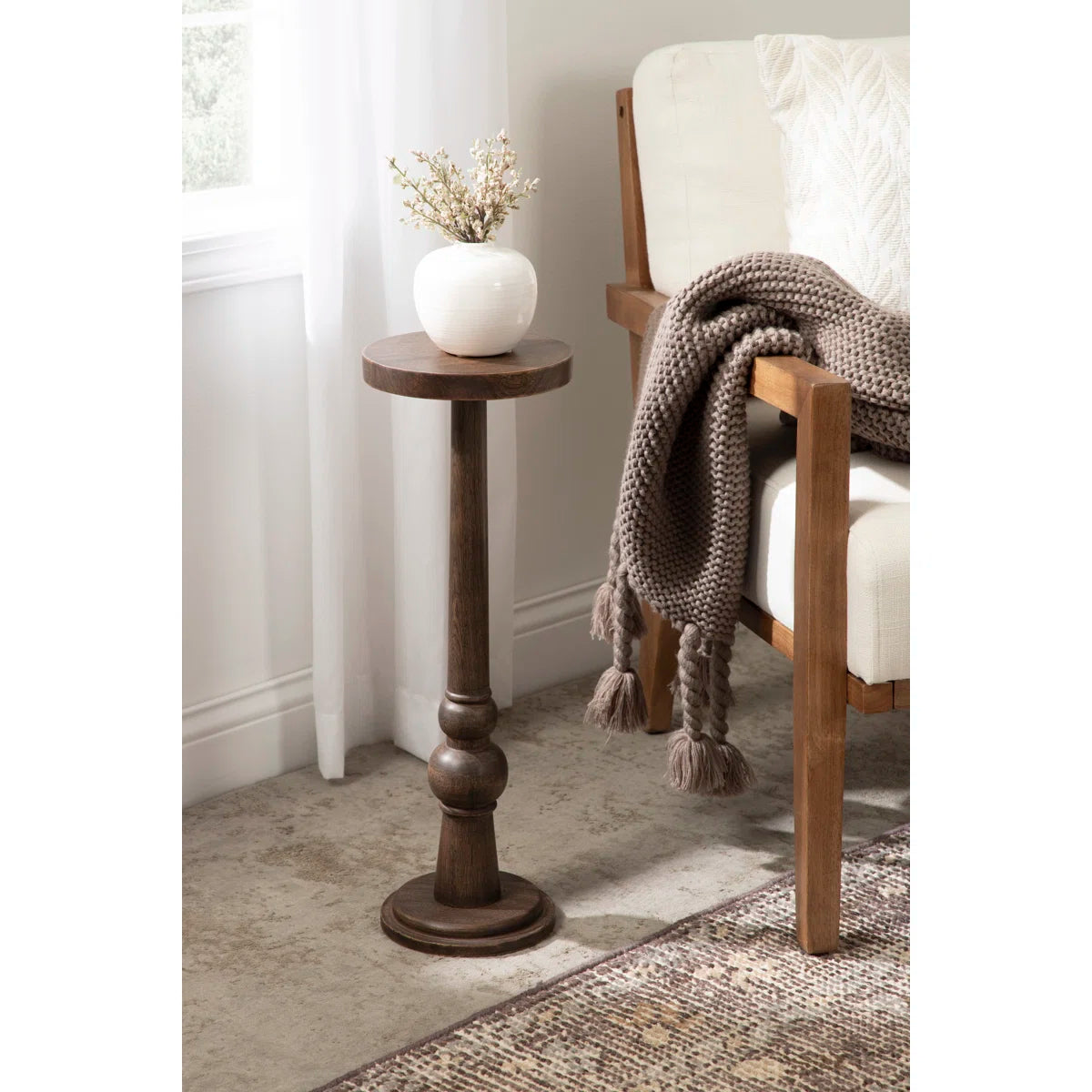 Furnishiaa Round Pedestal End Table – Solid Sheesham Wood