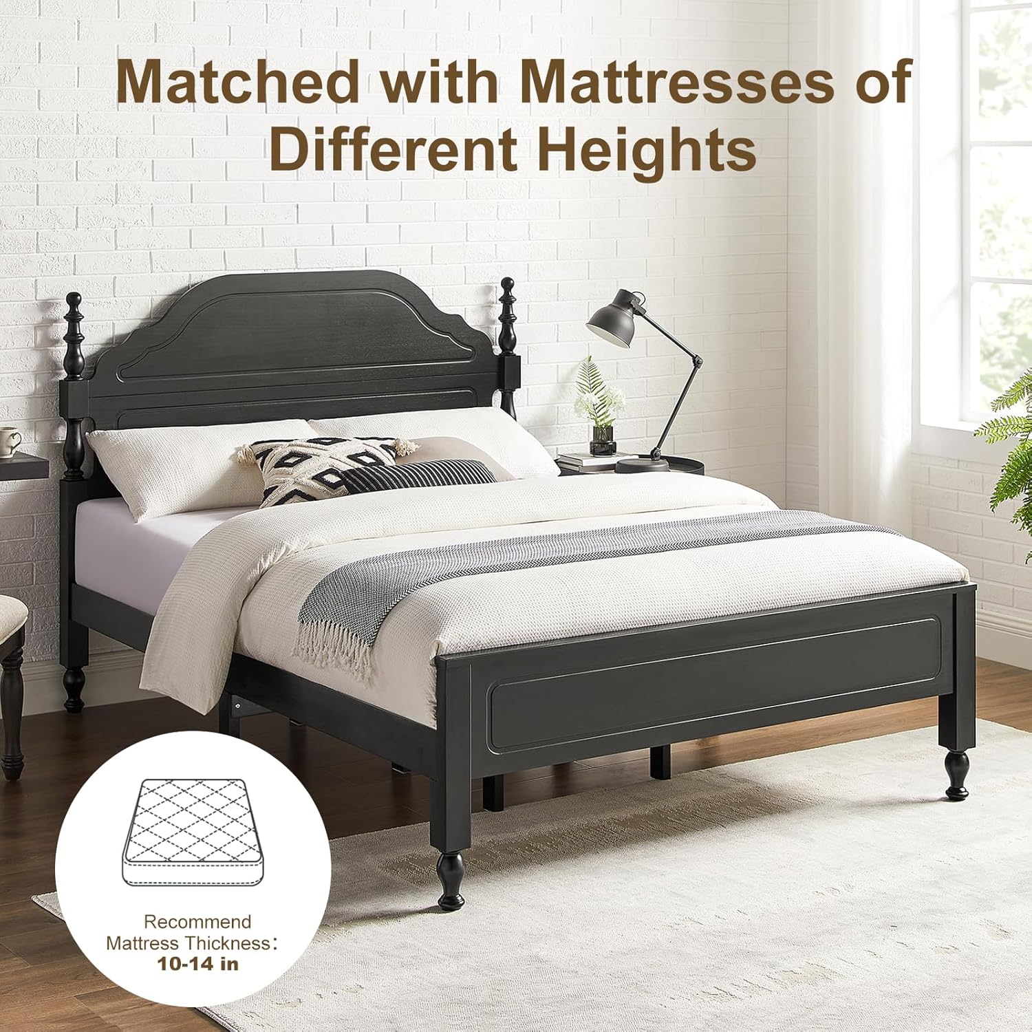 Wood Queen Bed Frame with Wooden Headboard and Footboard, Heavy Duty 12 Solid Wood Slats Support, Rubber Wood Platform Bed Frame with large Under Bed Storage, No Box Spring Needed, Rustic Black