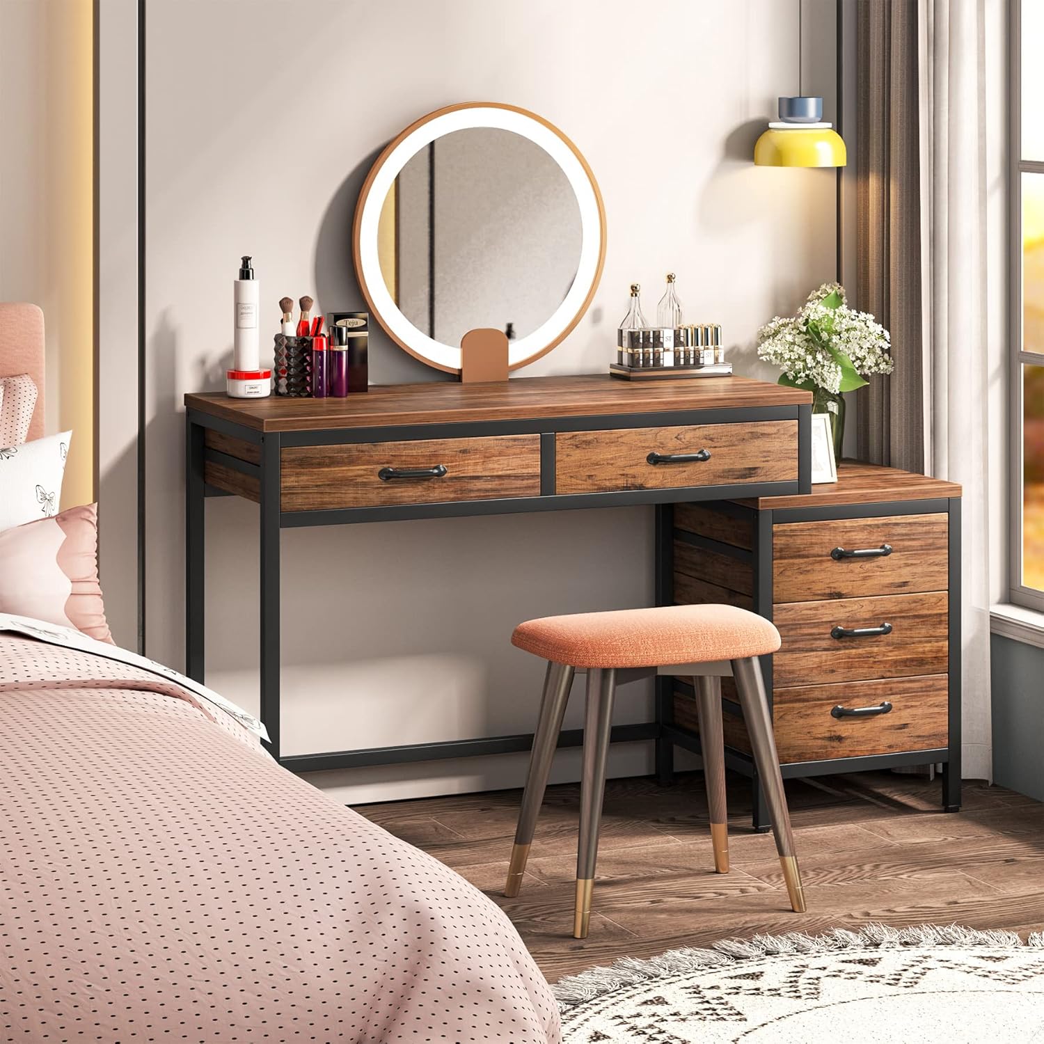 Tribesigns Computer Desk with 5 Drawers, Home Office Desks with Reversible Drawer Cabinet Printer Stand, Industrial PC Desk with Storage, Rustic Study Writing Table Workstation for Small Spaces