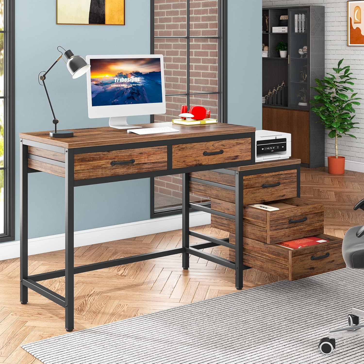 Furnishiaa Solid Wood Computer Desk with 5 Drawers