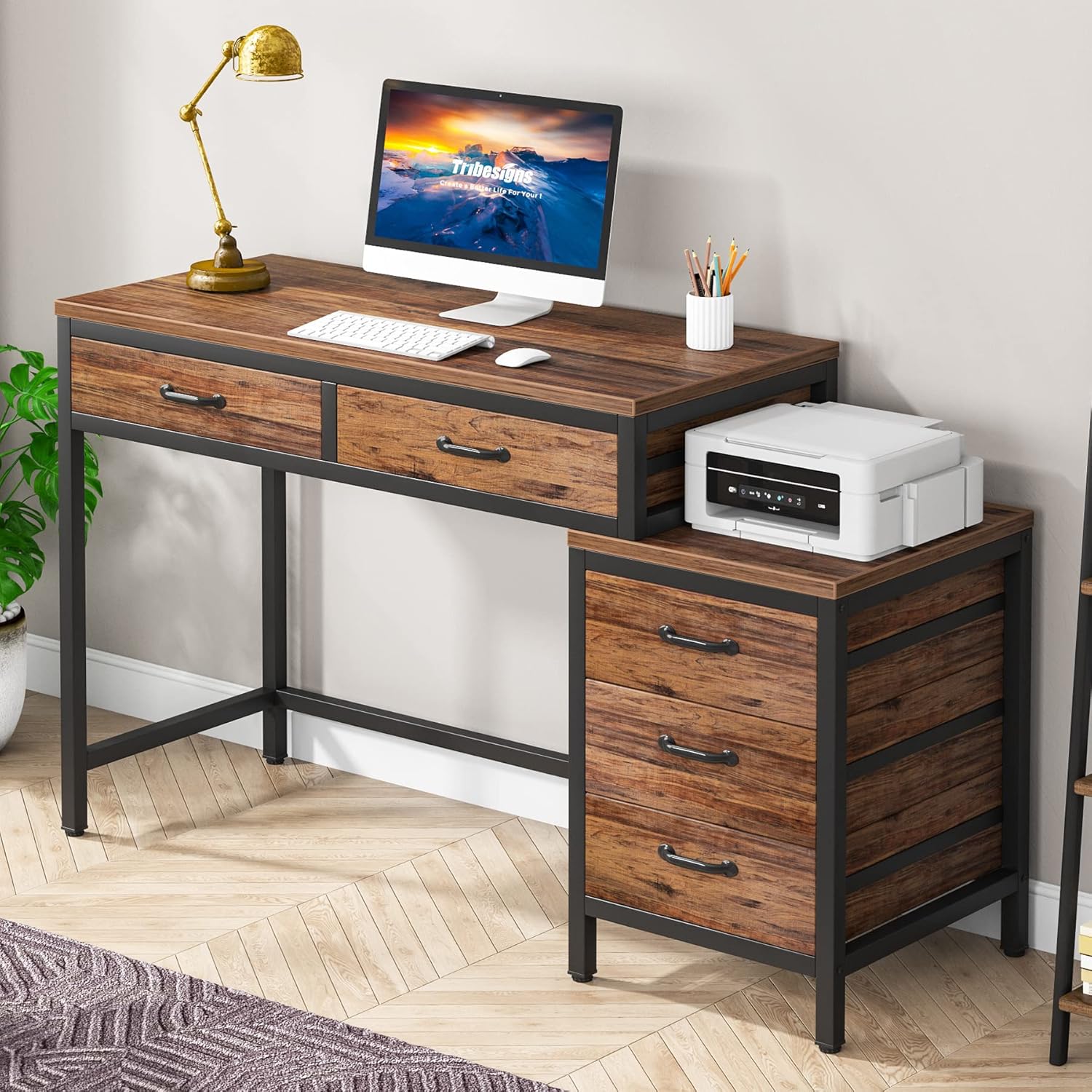 Tribesigns Computer Desk with 5 Drawers, Home Office Desks with Reversible Drawer Cabinet Printer Stand, Industrial PC Desk with Storage, Rustic Study Writing Table Workstation for Small Spaces