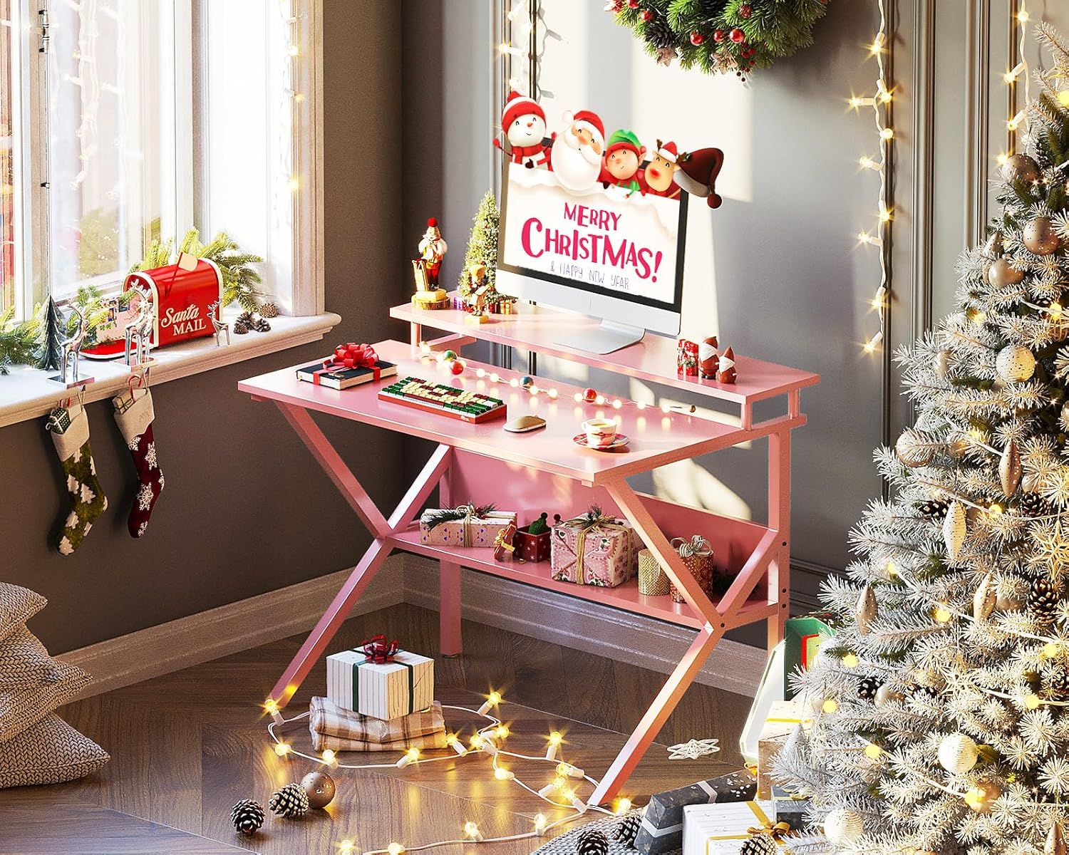 ODK Small Desk, 27.5 Inch Small Computer Desk for Small Spaces, Compact Desk with Storage, Tiny Desk Study Desk with Monitor Stand for Home Office, Pink