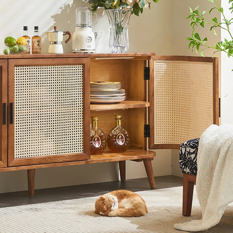 Furnishiaa Solid Sheesham Wood & Rattan Storage Cabinet with Double-Layer Shelves