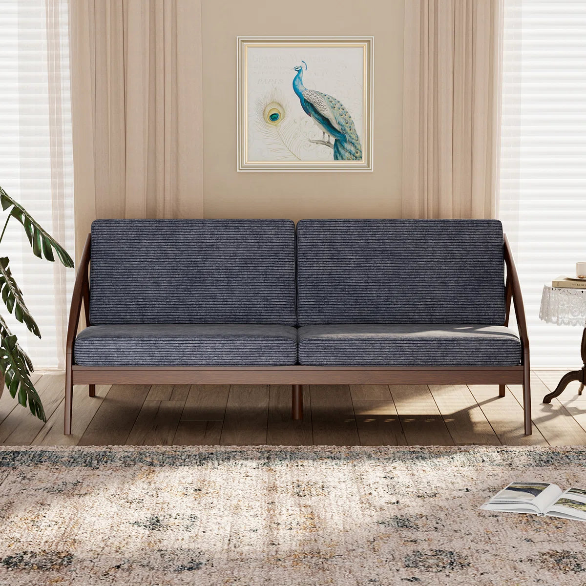 Furnishiaa Solid Sheesham Wood Sofa with Corduroy Upholstery