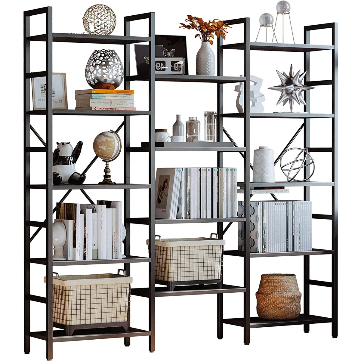 Furnishiaa Triple-Wide Industrial Bookcase with Solid Sheesham Wood Shelves