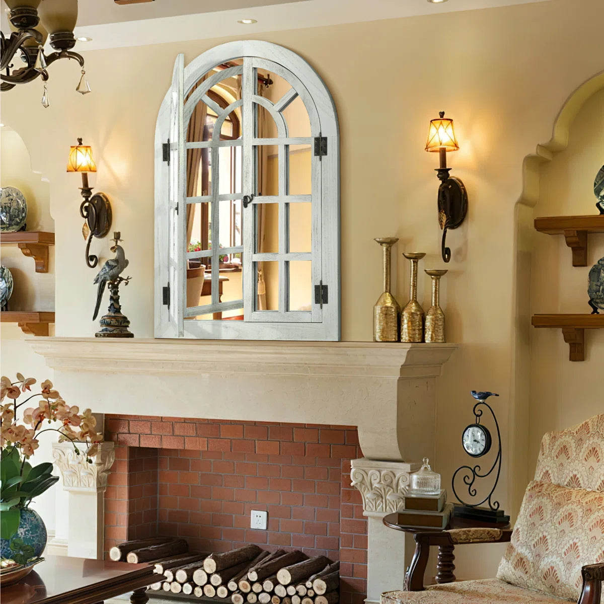 Farmhouse Style Window Mirror with Shutter Doors