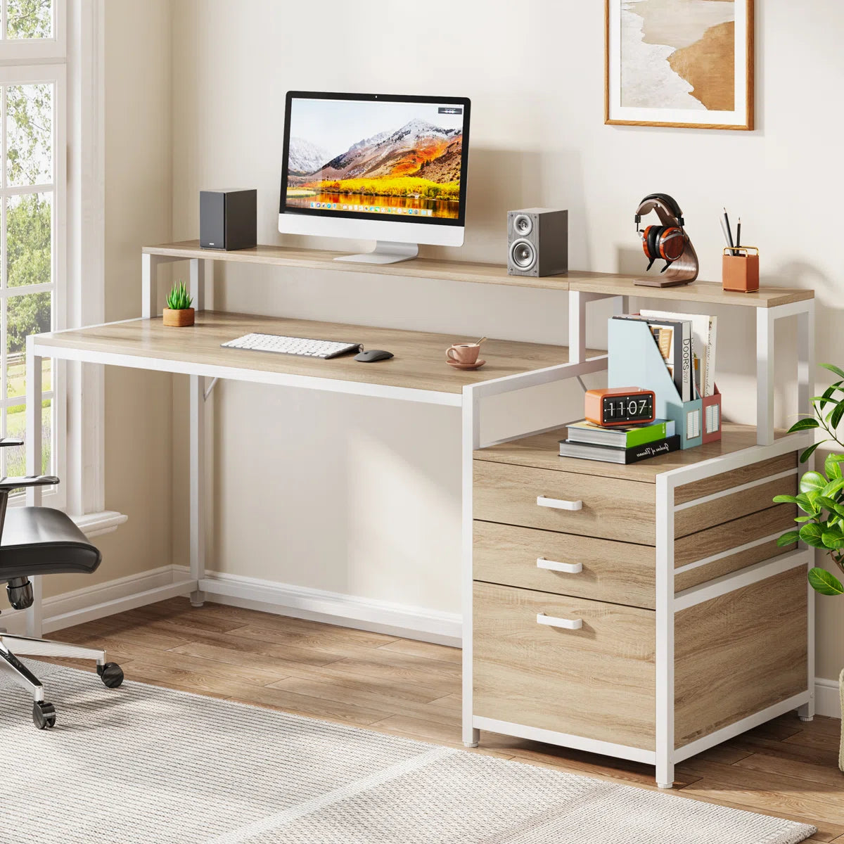 Furnishiaa Solid Sheesham Wood Computer Desk with Drawers and Hutch