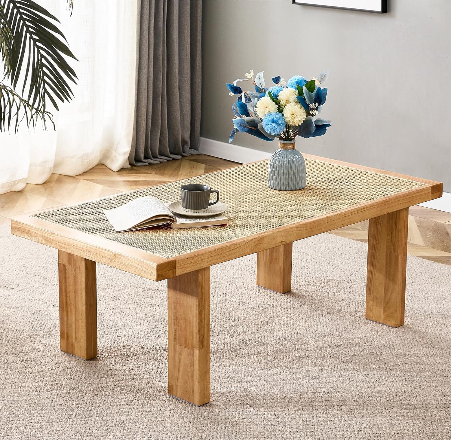 Furnishiaa Solid Wood Natural Rattan Coffee Table