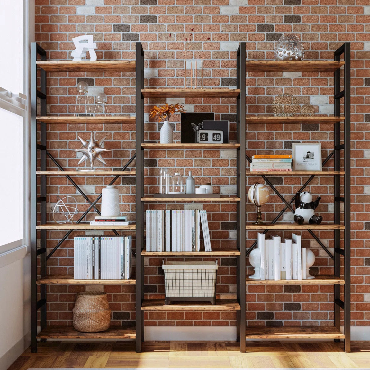 Furnishiaa Triple-Wide Industrial Bookcase with Solid Sheesham Wood Shelves