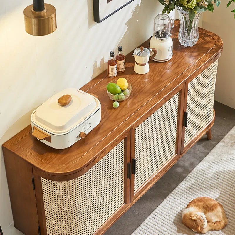 Furnishiaa Solid Sheesham Wood & Rattan Storage Cabinet with Double-Layer Shelves