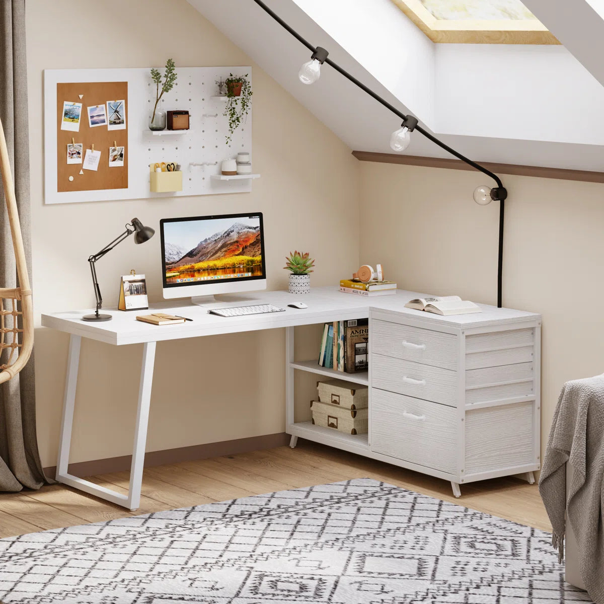 Furnishiaa L Shaped Office Desk in Sheesham Wood – Brown, Gray & White Colors