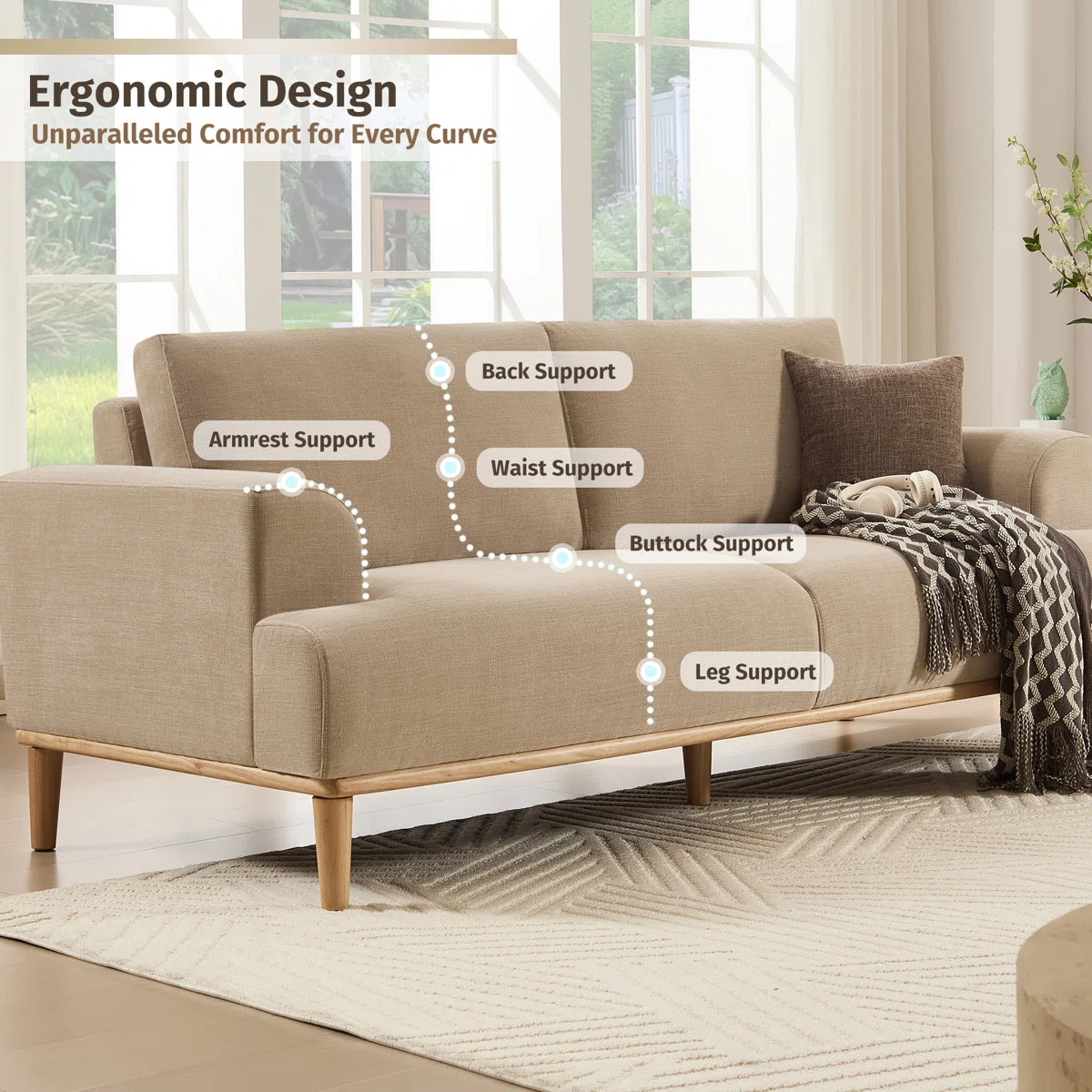 Furnishiaa Upholstered Standard 3-Seater Sofa with Solid Wood Legs