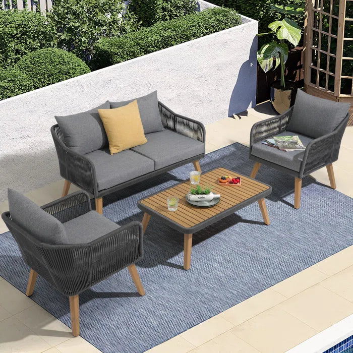 Furnishiaa 4-Piece Modern Outdoor Conversation Set – Solid Sheesham Wood Table, Loveseat, 2 Chairs, and Cushions