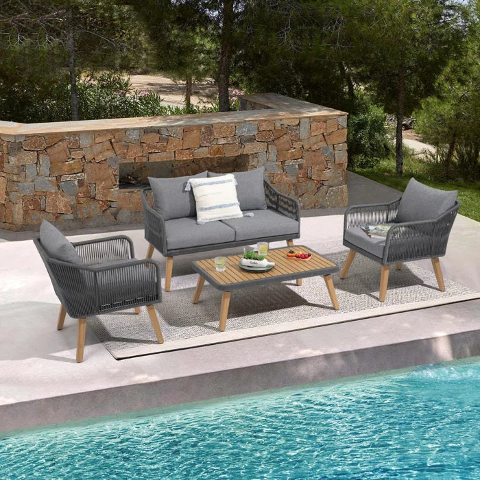 Furnishiaa 4-Piece Modern Outdoor Conversation Set – Solid Sheesham Wood Table, Loveseat, 2 Chairs, and Cushions