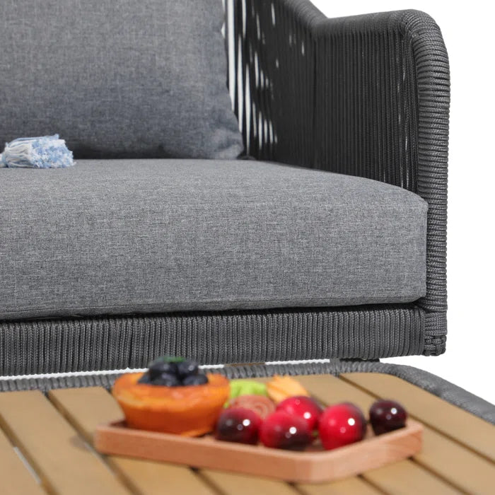 Furnishiaa 4-Piece Modern Outdoor Conversation Set – Solid Sheesham Wood Table, Loveseat, 2 Chairs, and Cushions