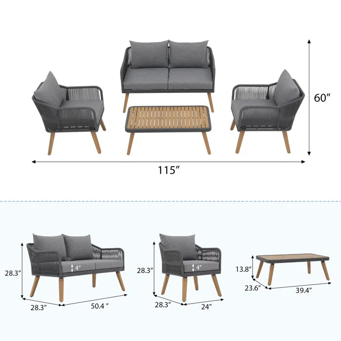 Furnishiaa 4-Piece Modern Outdoor Conversation Set – Solid Sheesham Wood Table, Loveseat, 2 Chairs, and Cushions