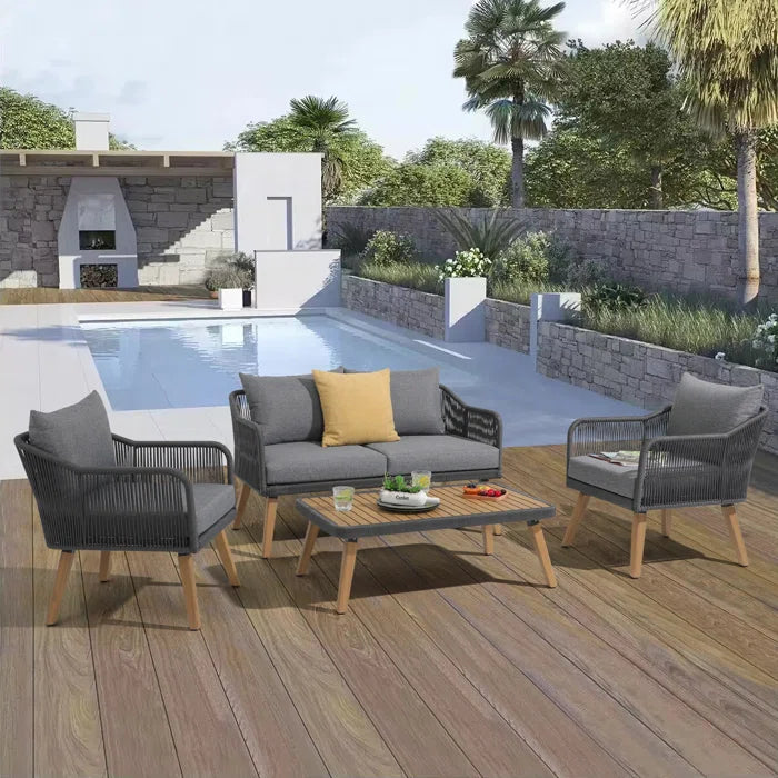 Furnishiaa 4-Piece Modern Outdoor Conversation Set – Solid Sheesham Wood Table, Loveseat, 2 Chairs, and Cushions