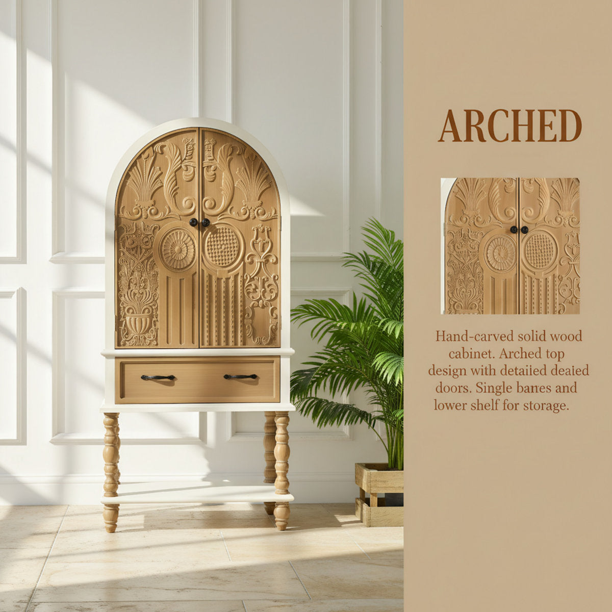 Furnishiaa Arched Floral-Carved Sideboard with Drawer and Shelves