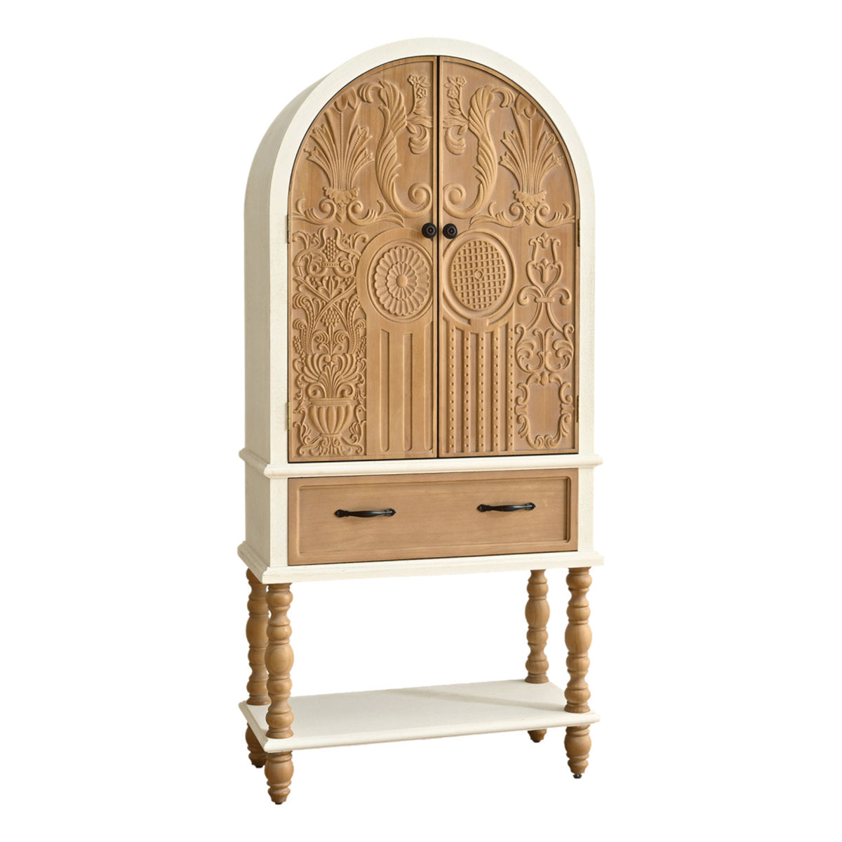 Furnishiaa Arched Floral-Carved Sideboard with Drawer and Shelves