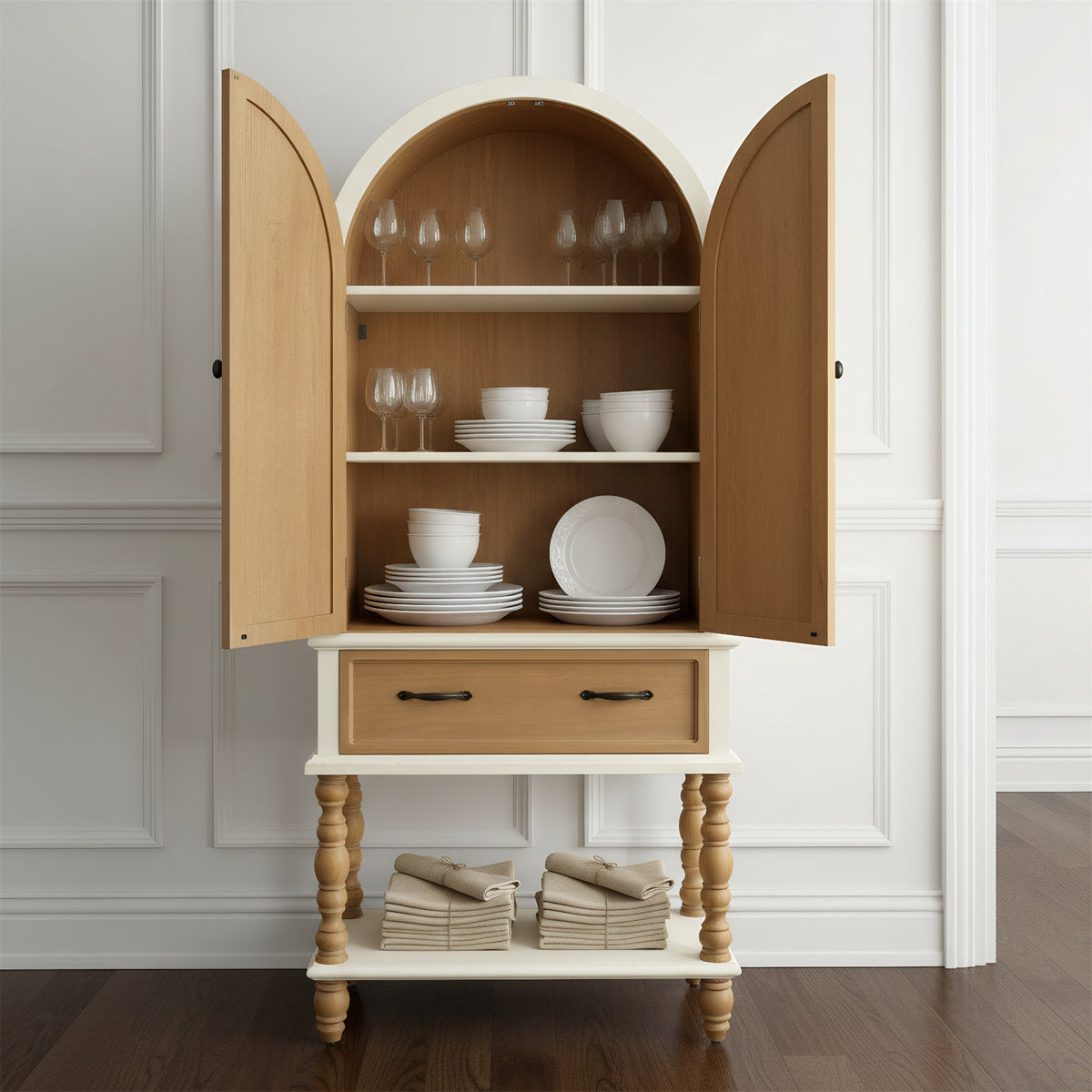 Furnishiaa Arched Floral-Carved Sideboard with Drawer and Shelves