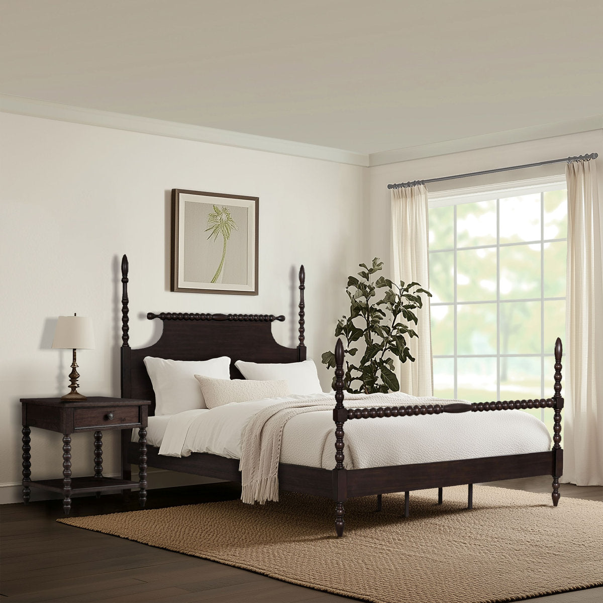 Furnishiaa Solid Wood Low-Profile Bed with Spindle Headboard