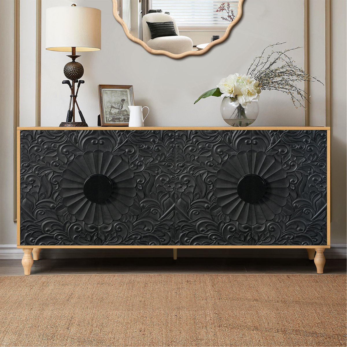 Furnishiaa Carved Black Door TV Stand with Wood Frame Storage