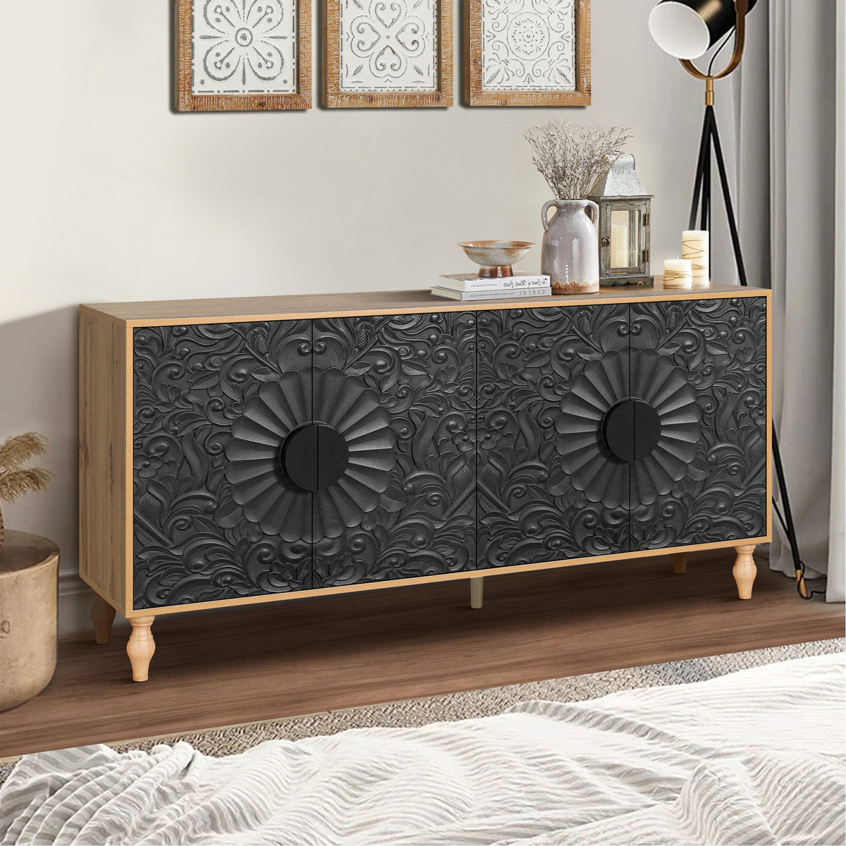 Furnishiaa Carved Black Door TV Stand with Wood Frame Storage