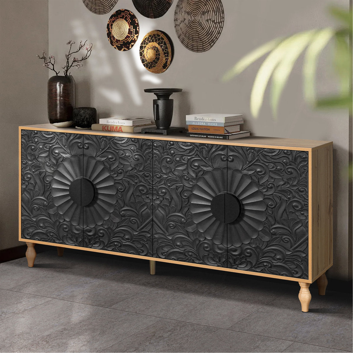 Furnishiaa Carved Black Door TV Stand with Wood Frame Storage