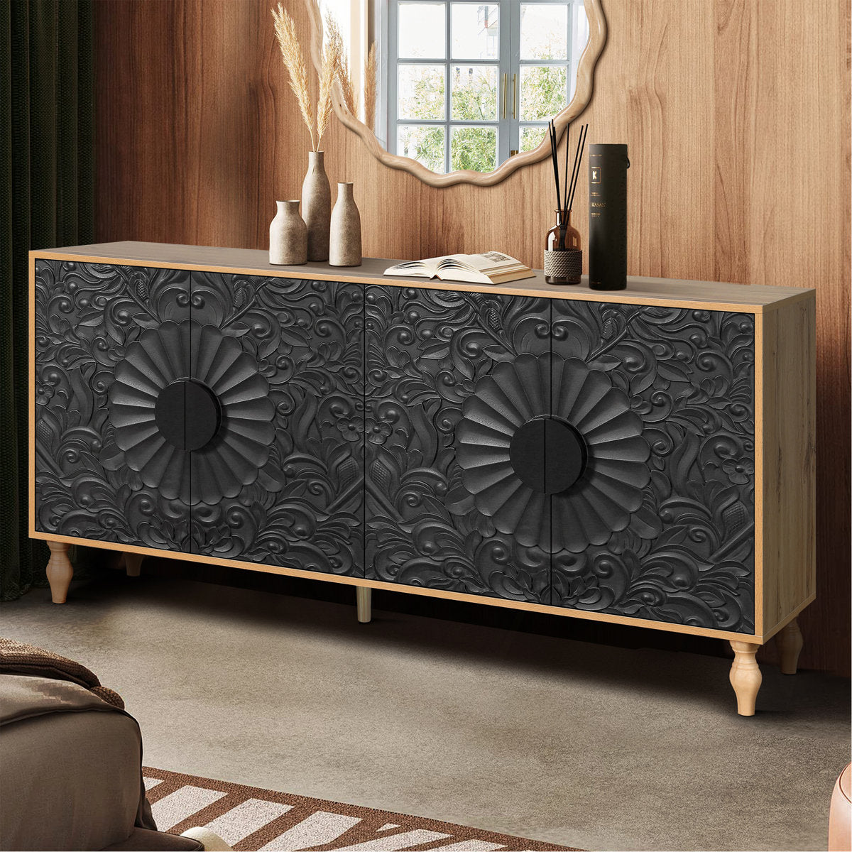 Furnishiaa Carved Black Door TV Stand with Wood Frame Storage