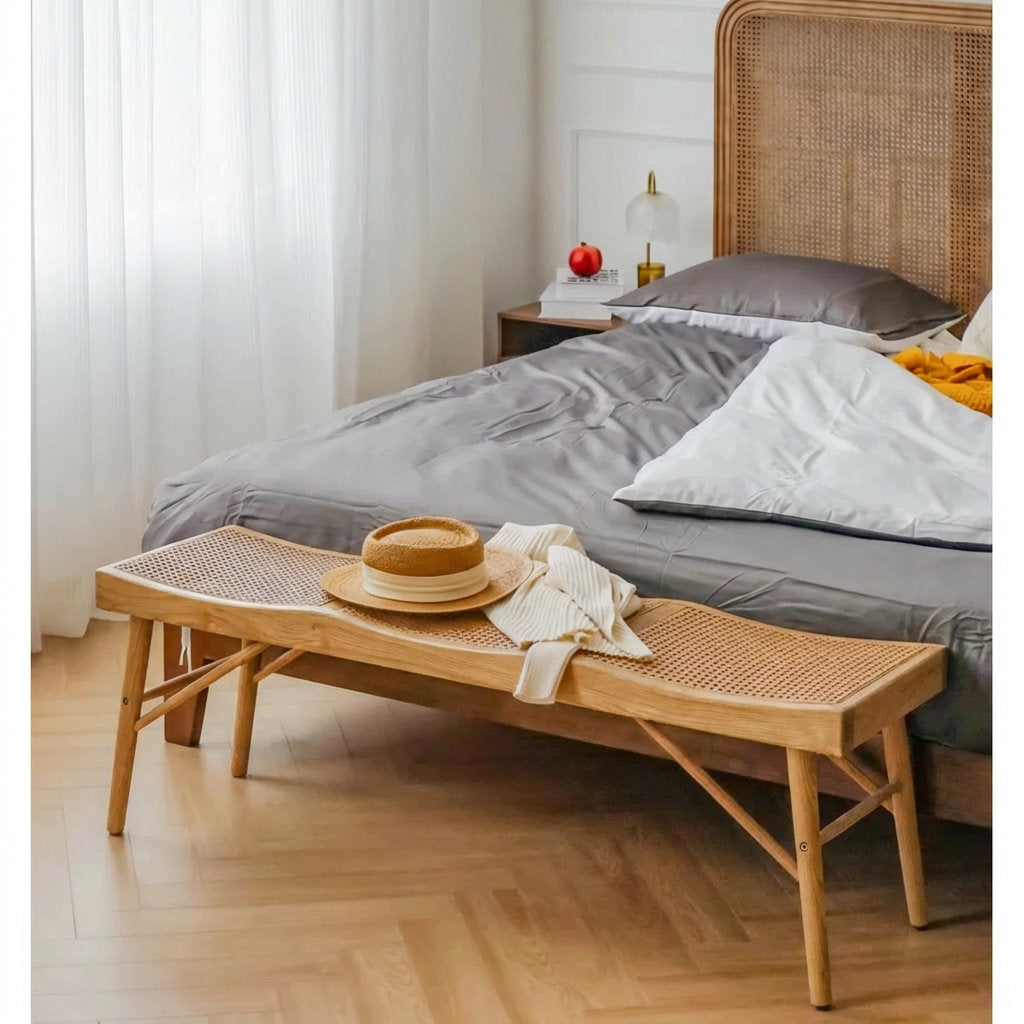 Furnishiaa Solid Wood & Woven Cane Entryway Bench